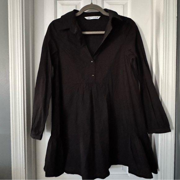 Zara poplin A line mini black Long Sleeve shirt dress XS - Picture 3 of 11